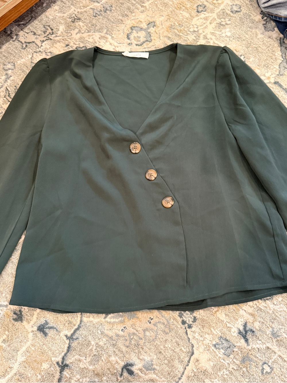 Elodie Dark Green V-Neck Button Wrap Blouse